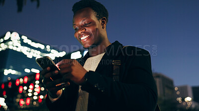 Night, smile and black man with smartphone in city for communication, social media or networking. Online, contact and happy man with mobile phone for connection, notification or searching internet