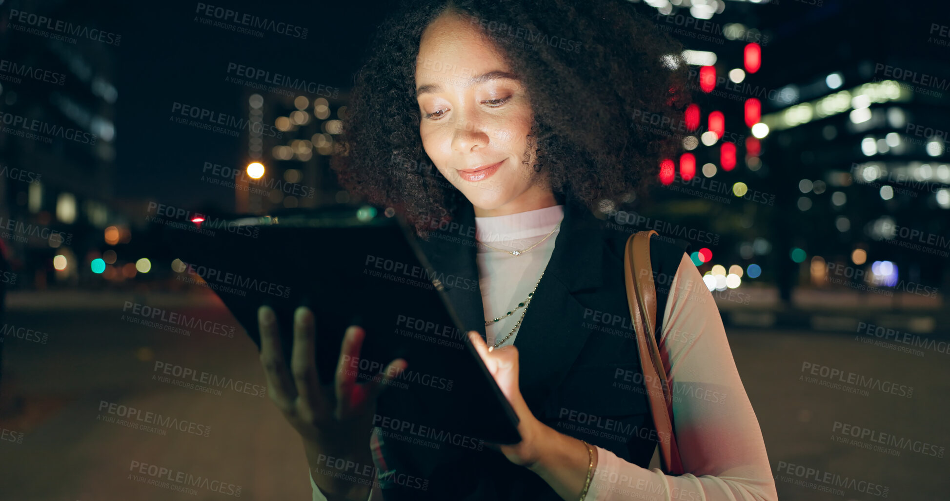 Buy stock photo Thinking, girl and night in city with tablet for research on navigation app for directions or information on nearby event. Woman, digital technology and happy for urban town, journey and creative job