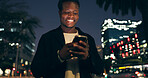 Night, walking and black man with smartphone in city for communication, social media or networking. Smile, contact and happy man with mobile phone for texting, online notification or typing post