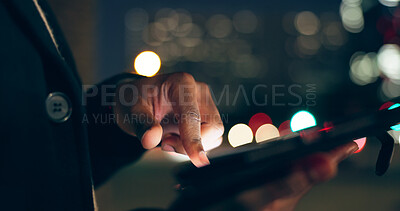 Night, man and finger on tablet in city for communication, social media or browsing on website. Male person, hands and digital tech from working late by texting, chatting and scroll for travel app