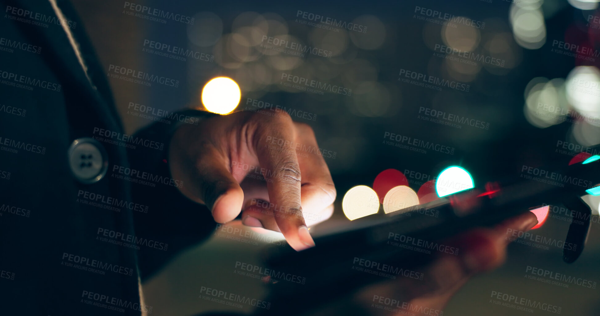 Buy stock photo Night, man and finger on tablet in city for communication, social media or browsing on website. Male person, hands and digital tech from working late by texting, chatting and scroll for travel app