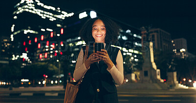 Night, walking and business woman with smartphone in city for communication, social media or networking. Smile, online and happy person with mobile for texting, notification or searching internet