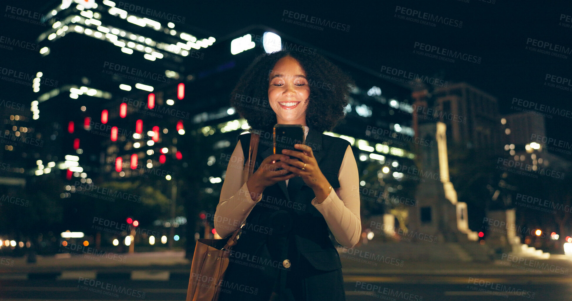 Buy stock photo Night, walking and business woman with smartphone in city for communication, social media or networking. Smile, online and happy person with mobile for texting, notification or searching internet