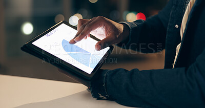 Buy stock photo Black man, tablet and working at night in office with business analytics for company with graphs. Finance, planning or trading with broker for overtime on internet or searching app with trader.