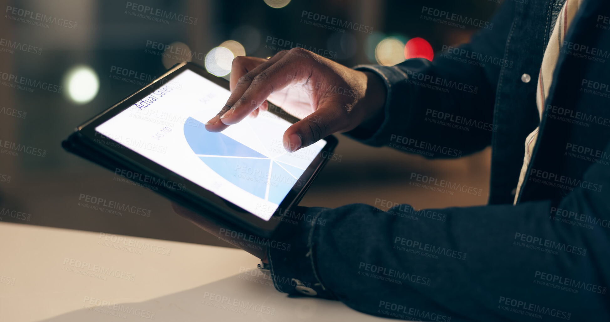 Buy stock photo Black man, tablet and working at night in office with business analytics for company with graphs. Finance, planning or trading with broker for overtime on internet or searching app with trader.