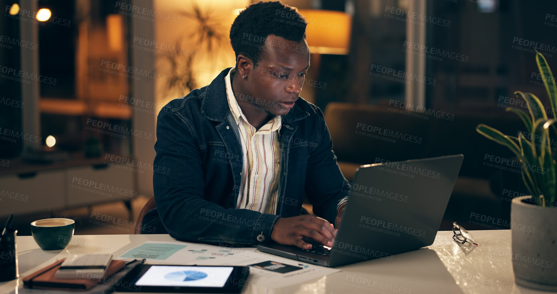 Buy stock photo African man, technology and typing at night in office for work, business and company. Investment analyst, laptop and data for stock market, invest and financial growth with dollar in forex trading