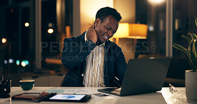 African man, tech and neck pain at night in office for stress, business and company. Trader, laptop and burnout for stock market, investment and financial risk with anxiety or headache in workplace