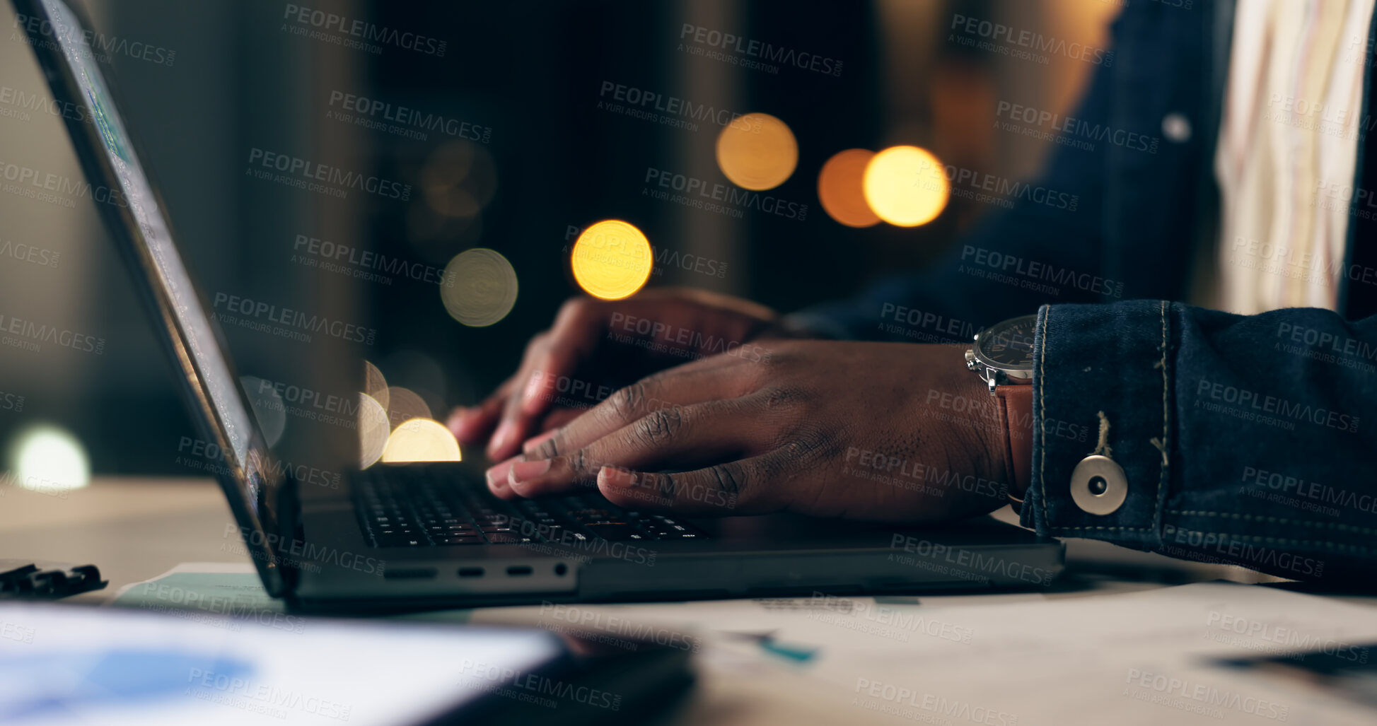 Buy stock photo Black man, laptop and working at night in office with business analytics or website with technology. Digital, planning or accounting with broker for overtime on internet or searching app with trader.