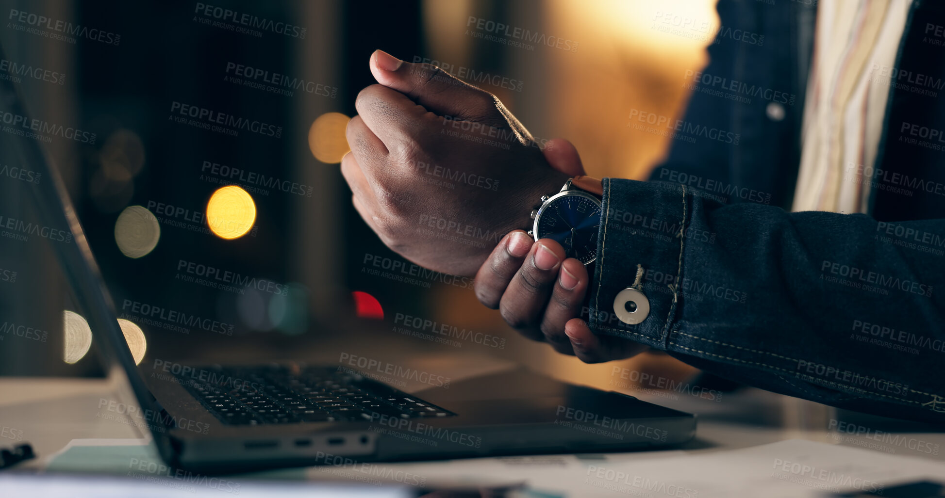 Buy stock photo Black man, laptop and wrist pain at night in office with overtime or workaholic with tendinitis or fatigue. Typing, ergonomic injury and chronic ache with discomfort, arthritis and strain with cts