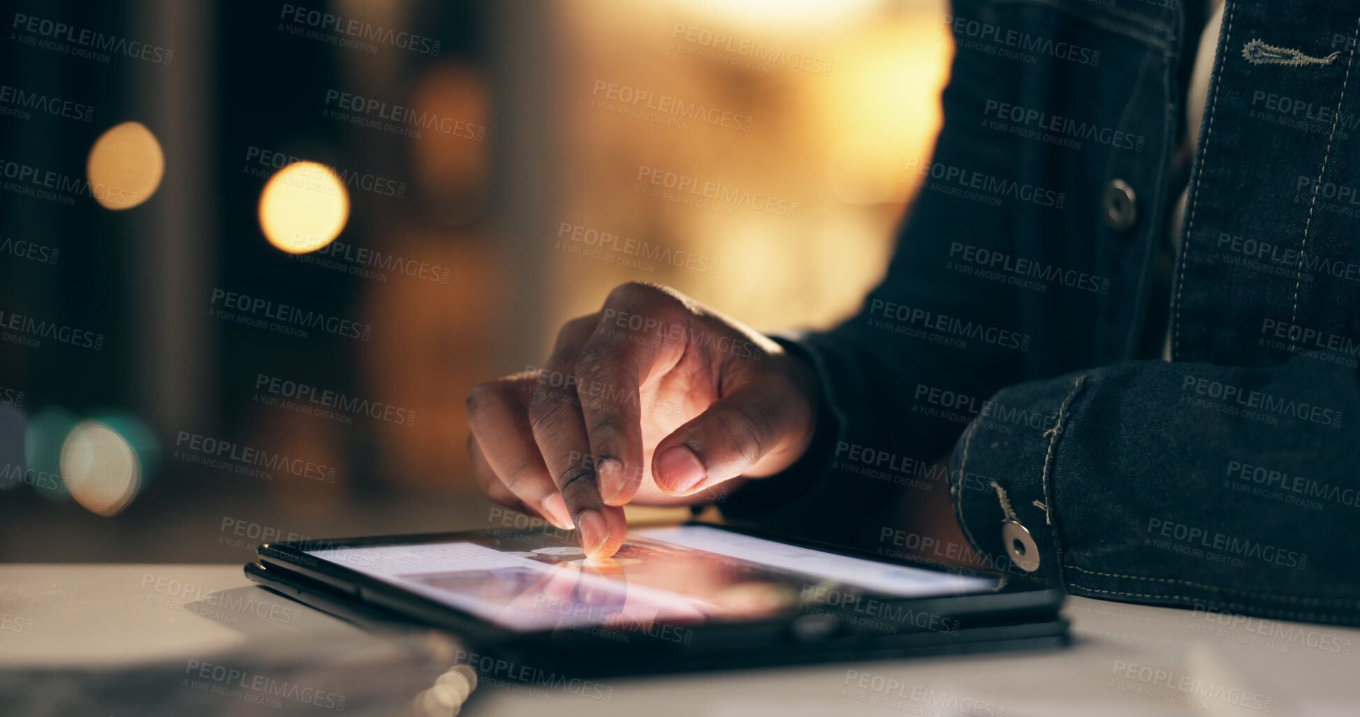 Buy stock photo Black man, tablet and working at night in office with browsing on social media for leisure. Online marketing, planning or campaign for elections in America with overtime for brand, workaholic and job