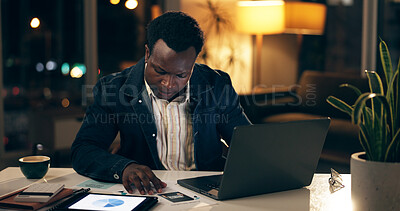 Buy stock photo African man, technology and typing at night in office for work, business and company. Investment analyst, laptop and data for stock market, invest and financial growth with dollar in forex trading