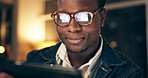 African, businessman and web designer with tablet in closeup for feedback, comment and help with software. Male person or creative employee and face with tech for editing and planning app or art