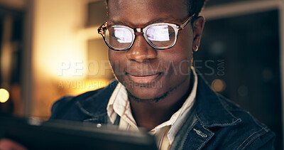 African, businessman and web designer with tablet in closeup for feedback, comment and help with software. Male person or creative employee and face with tech for editing and planning app or art