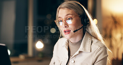 Buy stock photo Call center, shock and woman with headset in office at night for virtual assistant surveillance duty. Programming, contact us and female police consultant working late on computer in workplace.