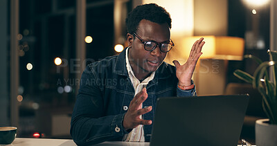 Laptop, night and overtime with business black man in office for problem solving or review. Computer, deadline and frustration with confused design employee in doubt at creative workplace in evening