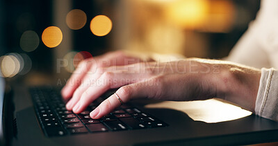 Buy stock photo Hands, laptop and typing with business employee in office at night for report, research or review. Computer, information and internet with person closeup at desk in workplace for evening deadline