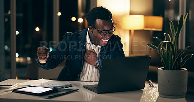 Excited, businessman and hands in air with laptop for stock market, growth and financial success. Black man, trading and celebration in office with technology for investment, winning and achievement