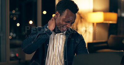 Black man, neck and pain in office at night with stress for overtime, burnout and muscle tension from bad posture. African, employee and stretches for joint injury, tired and pressure of deadline