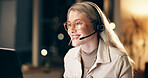 Virtual assistant, headset and woman consultant in office at night for technical support surveillance duty. Programming, late and female police cyber security agent working on computer for overtime.