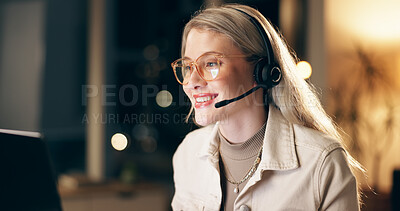 Virtual assistant, headset and woman consultant in office at night for technical support surveillance duty. Programming, late and female police cyber security agent working on computer for overtime.