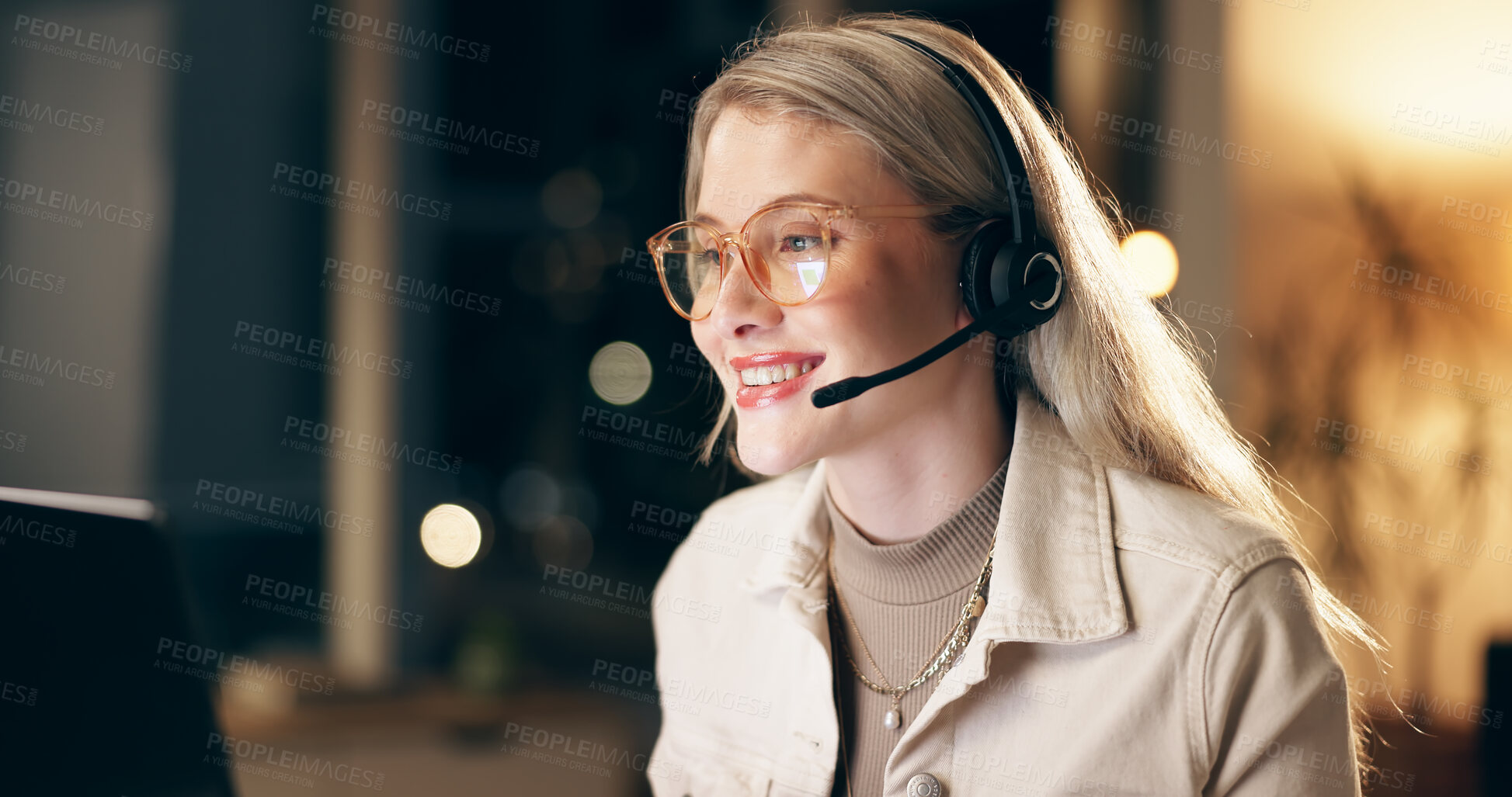 Buy stock photo Virtual assistant, headset and woman consultant in office at night for technical support surveillance duty. Programming, late and female police cyber security agent working on computer for overtime.