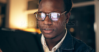 Bad news, face and phone with business black man closeup in office at night for deadline or overtime. Grief, sad or stress with unhappy employee at workplace in evening for mobile communication