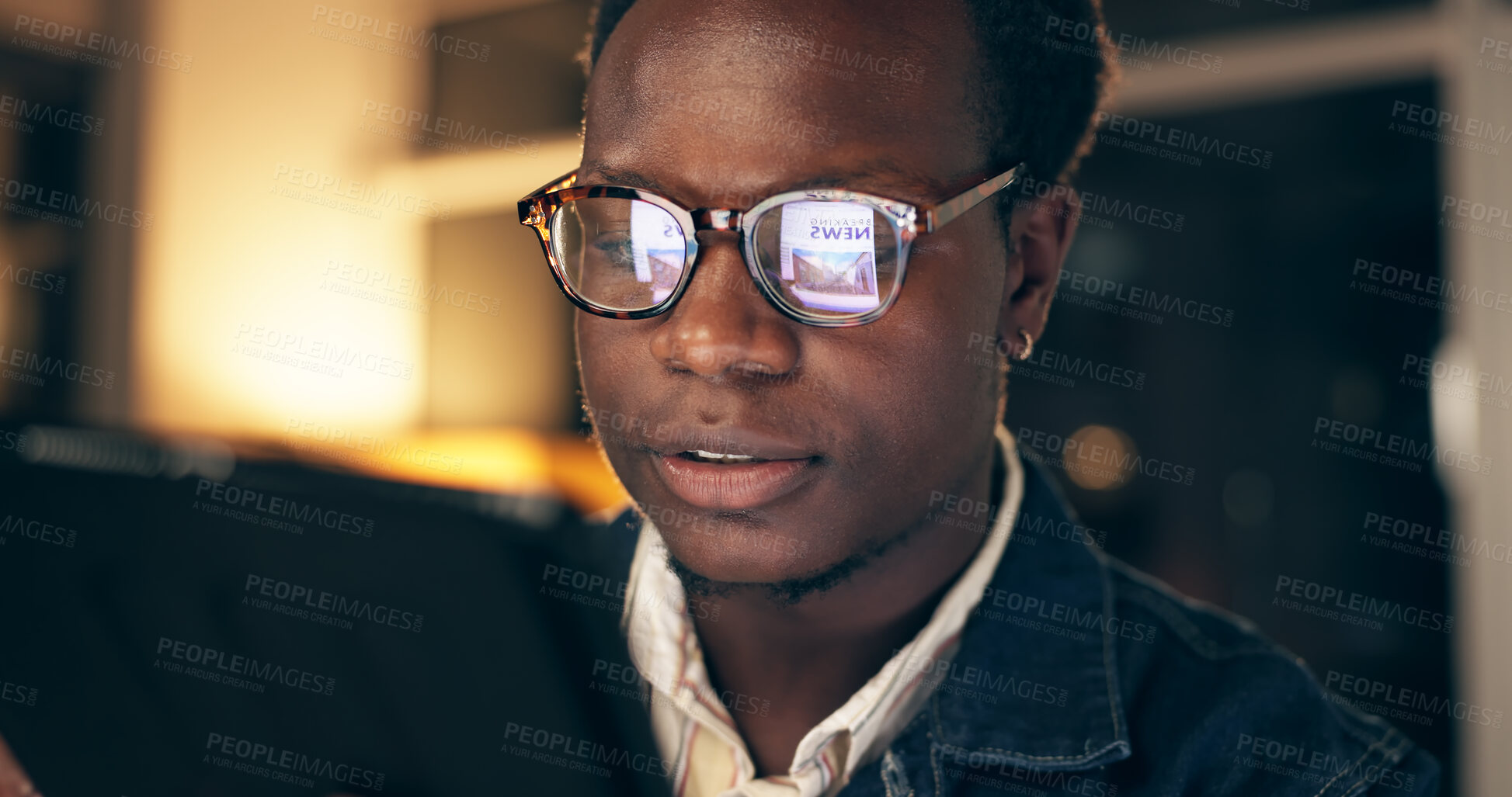 Buy stock photo Bad news, face and phone with business black man closeup  in office at night for deadline or overtime. Grief, sad or stress with unhappy employee at workplace in evening for mobile communication