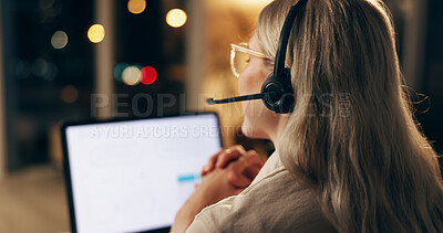 Buy stock photo Businesswoman, telemarketing and virtual assistant with headset at call centre for customer service. Female person or employee and computer for client support and communication for technical issues