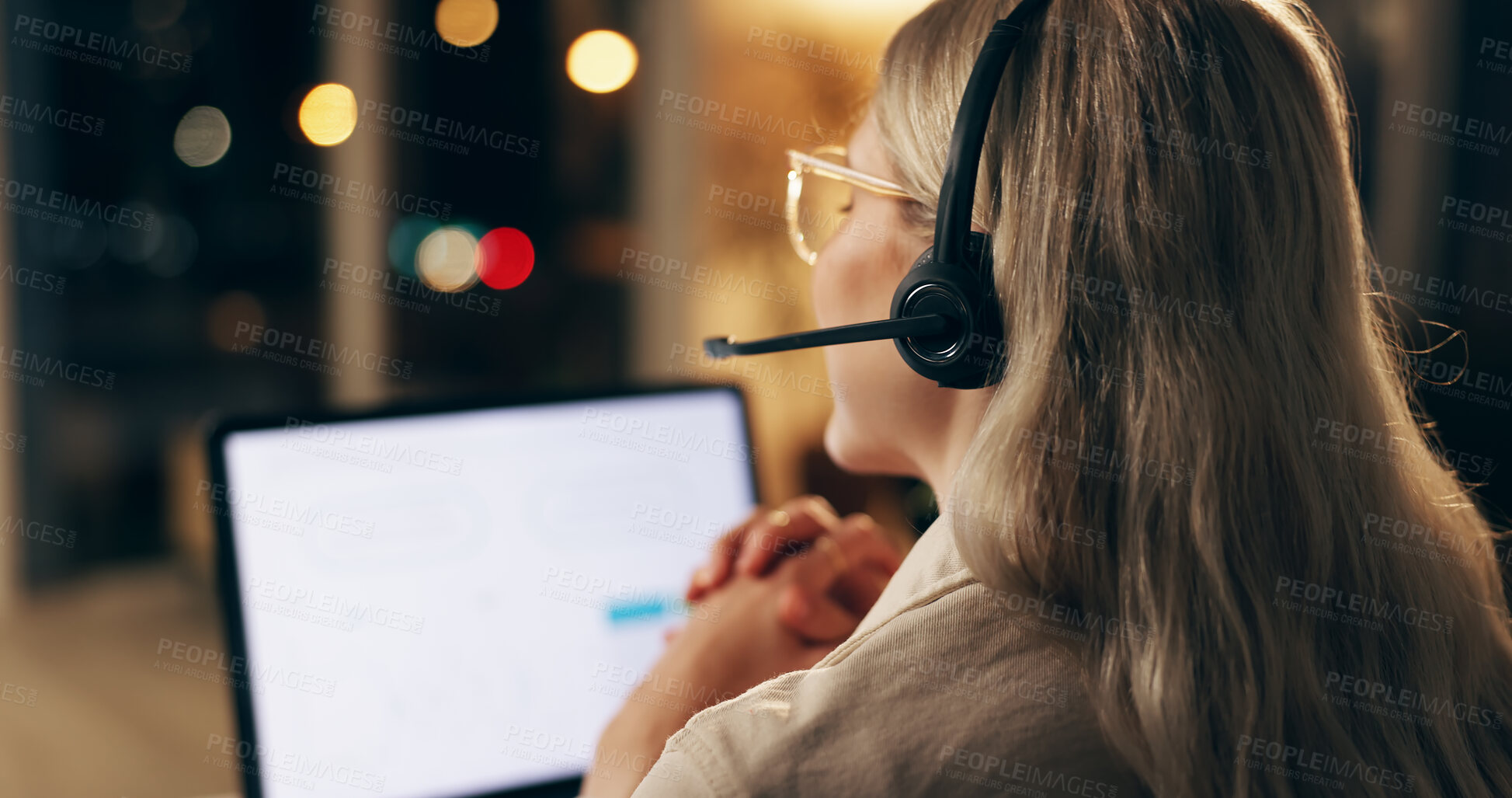 Buy stock photo Businesswoman, telemarketing and virtual assistant with headset at call centre for customer service. Female person or employee and computer for client support and communication for technical issues