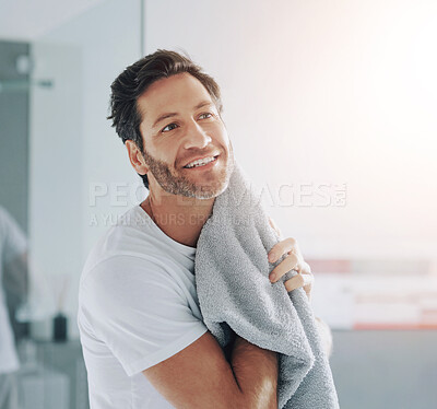 Buy stock photo Skincare, towel and man in bathroom for morning with routine at home with hygiene for shower. Smile, beauty and person with clean, smooth and fresh body for dermatology at apartment in Canada.