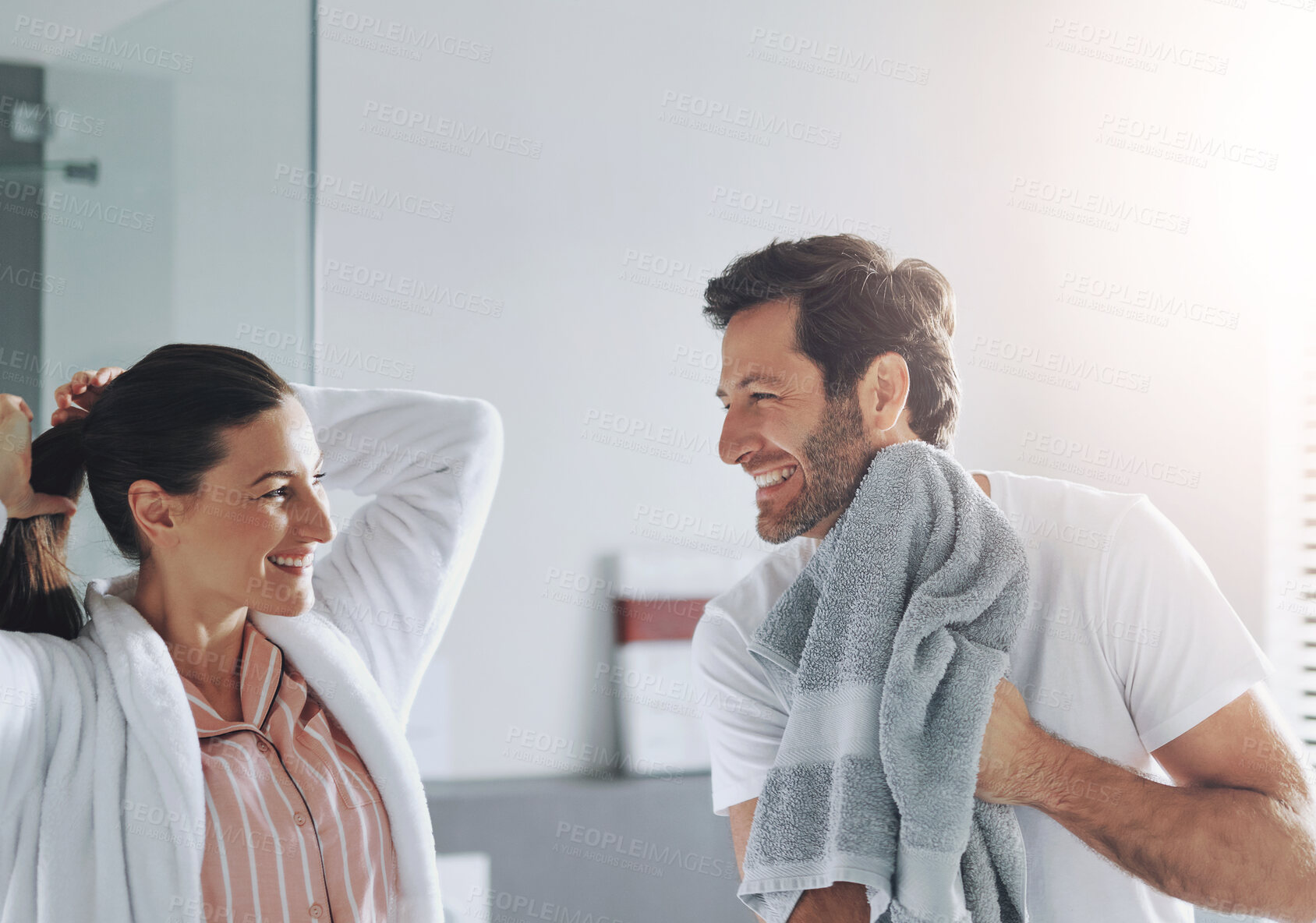 Buy stock photo Couple, beauty and happy in bathroom for morning routine with skincare, grooming and haircare in home. People, laughing or getting ready with hygiene preparation, start of day or wellness for wake up