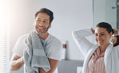 Buy stock photo Couple, cosmetics and happy in bathroom for morning routine with skincare, grooming and haircare in home. People, smile or getting ready with hygiene preparation, start of day or wellness for wake up