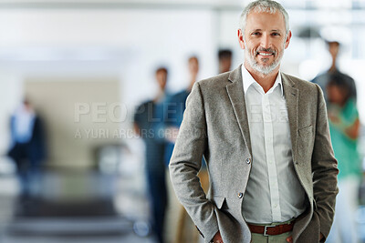 Buy stock photo Smile, portrait and mature businessman in office with team for leadership, confident and positive attitude. Happy, pride and lawyer manager with employees for legal case collaboration at workplace.