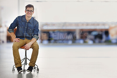 Buy stock photo Chair, business man and portrait sitting with confidence and public relations employee at startup. Happy, mockup space and professional with smile of a consultant ready for working with pride