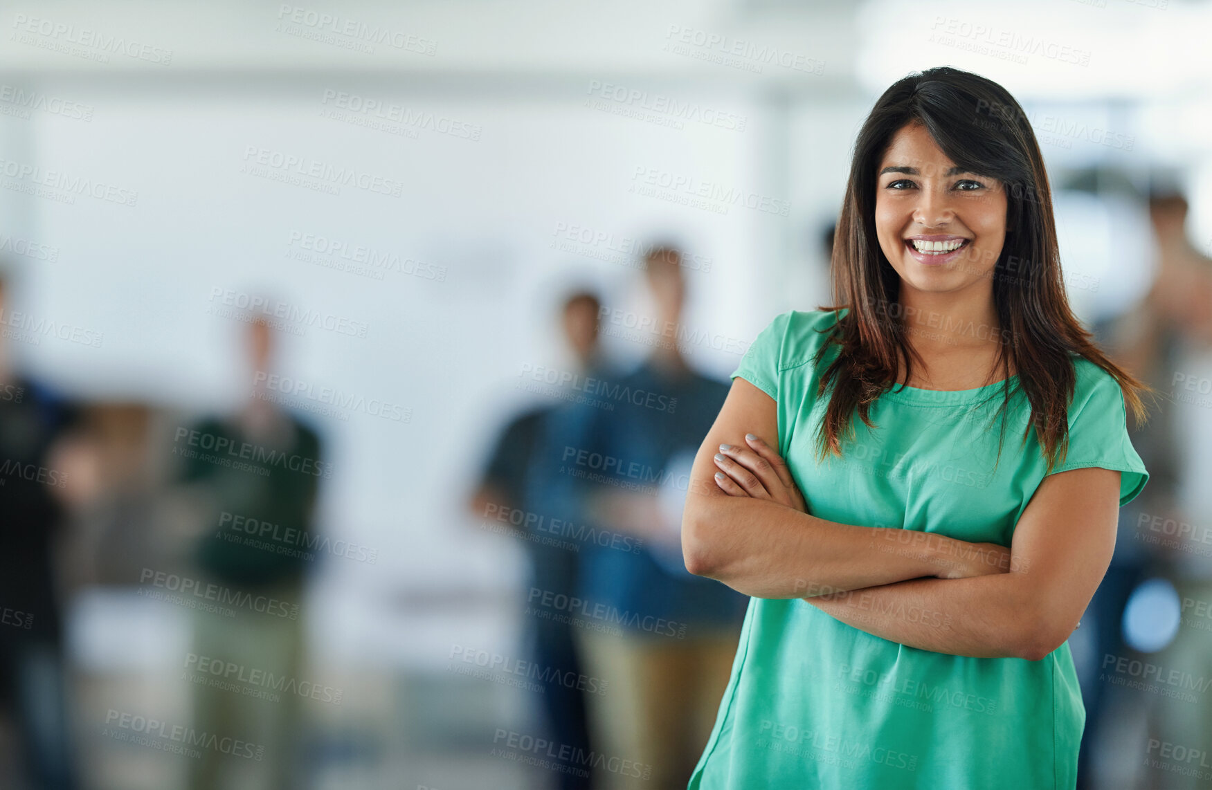 Buy stock photo Portrait, business and woman with arms crossed, smile and confidence in modern office, cheerful and career ambition. Face, staff or personal assistant with pride, startup or receptionist in workplace