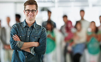 Smile, crossed arms and portrait of man in office with team for leadership, confident and positive attitude. Happy, pride and male web developer with students for tech market internship at workplace.