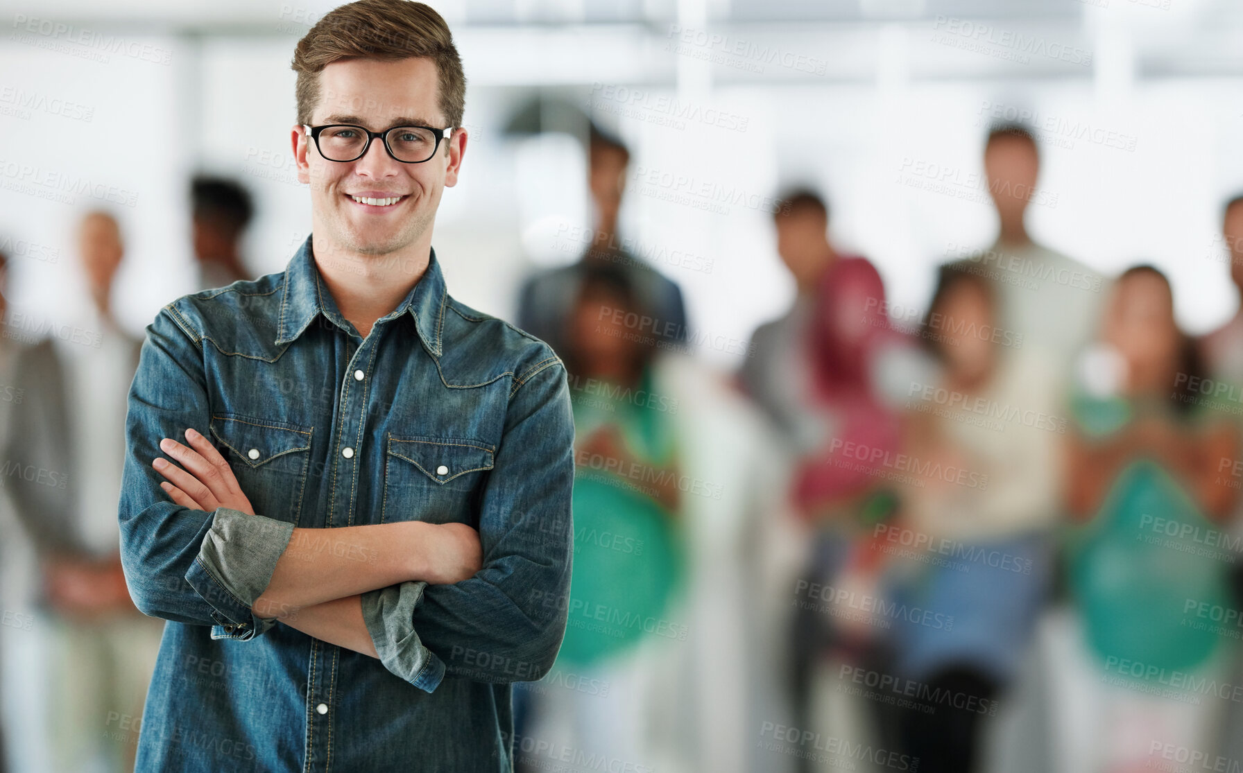 Buy stock photo Smile, crossed arms and portrait of man in office with team for leadership, confident and positive attitude. Happy, pride and male web developer with students for tech market internship at workplace.