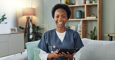 Buy stock photo Portrait, physiotherapist and nurse with tablet, smile and happiness of black woman for job and career. House, female person and employee online with internet for information of medicine of patient