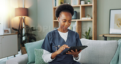 Buy stock photo Internet, typing and nurse with tablet, smile and happiness of woman for job and career ambition. House, African person and employee online with digital app for information of medicine and caregiver