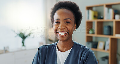 Buy stock photo Black woman, nurse and happy face in nursing home in healthcare and volunteer with confidence in living room. African person, smile and portrait in clinic for medical support and trust of caregiver