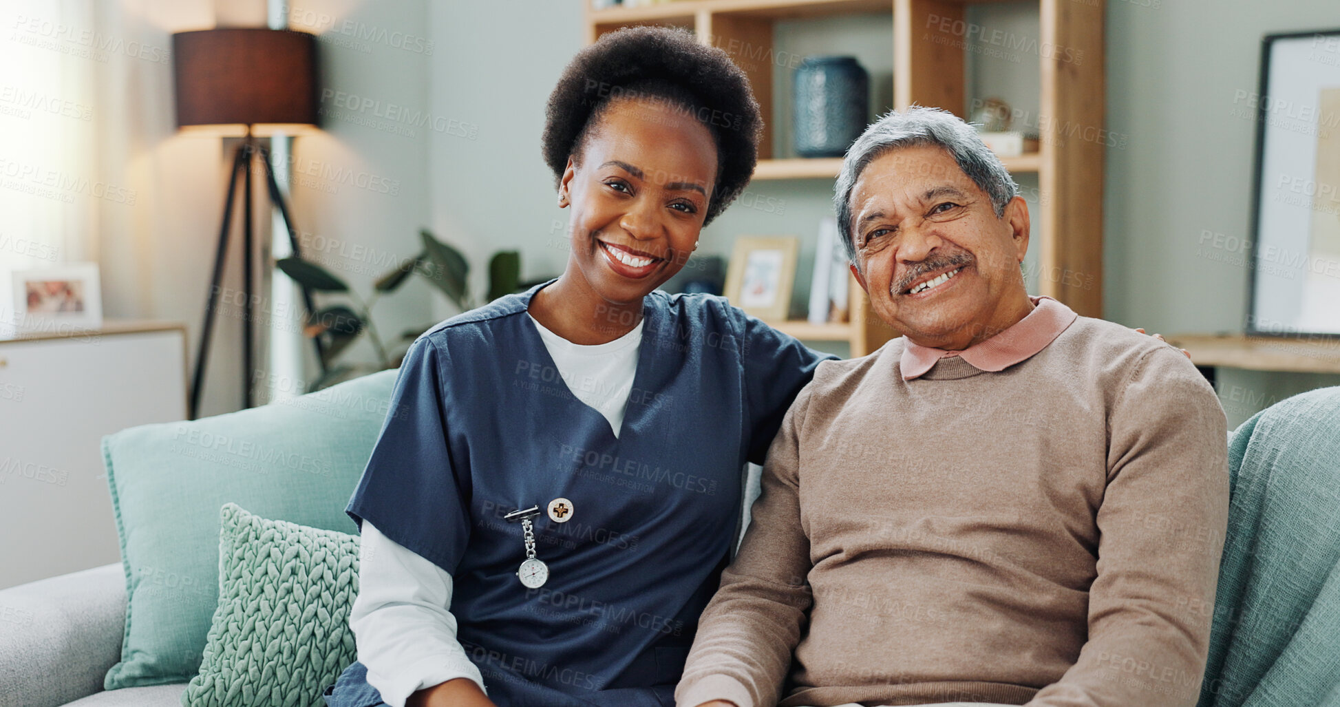 Buy stock photo Senior, man and caregiver with smile in nursing home for healthcare support, medical help or trust on sofa. Elderly person, nurse and relax with wellness, happiness or recovery in retirement homecare