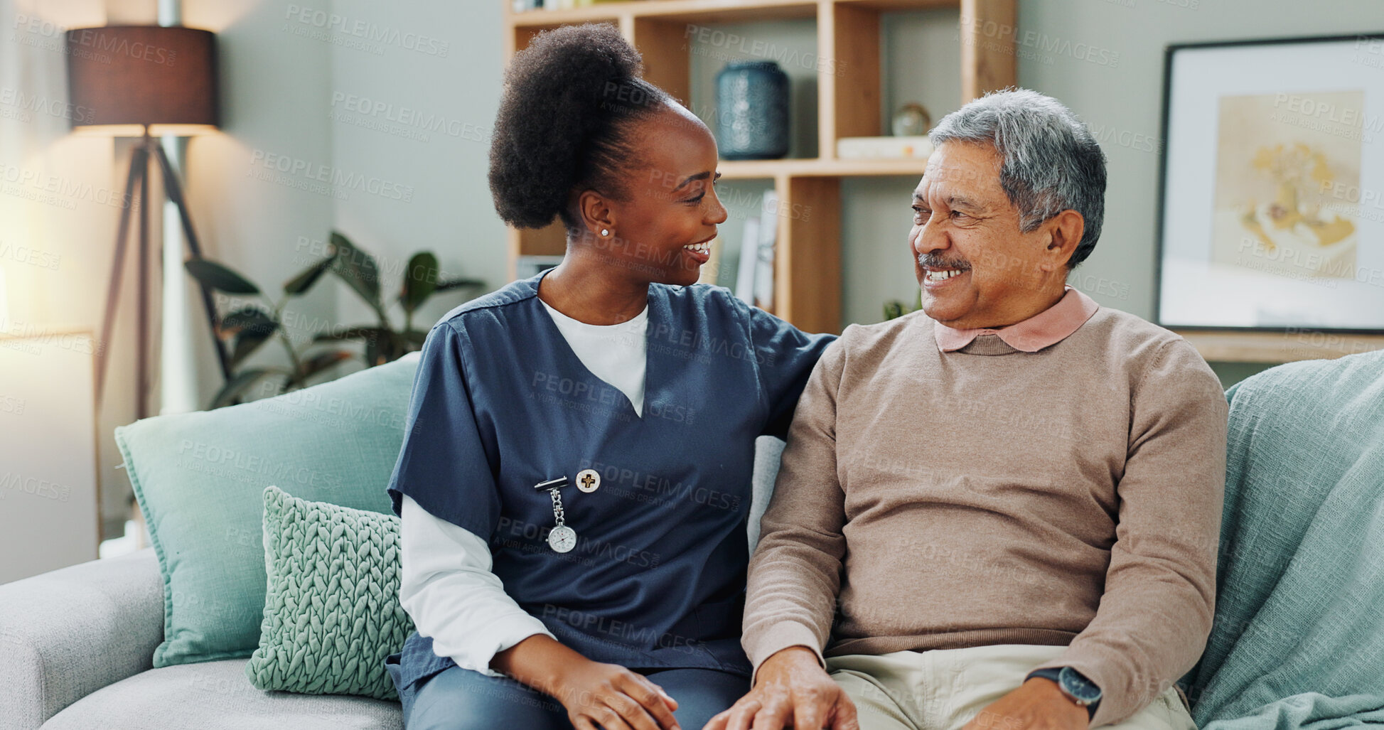 Buy stock photo Senior, man and caregiver with smile in nursing home for healthcare support, medical help or trust on sofa. Elderly person, nurse and relax with wellness, happiness or recovery in retirement homecare