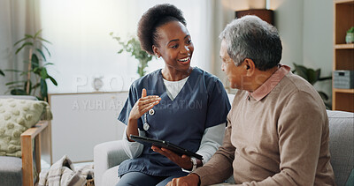 Buy stock photo Nurse, senior and consulting with tablet on sofa for healthcare, communication or consultation at home. Woman or medical caregiver talking to elderly male person with technology for advice or help