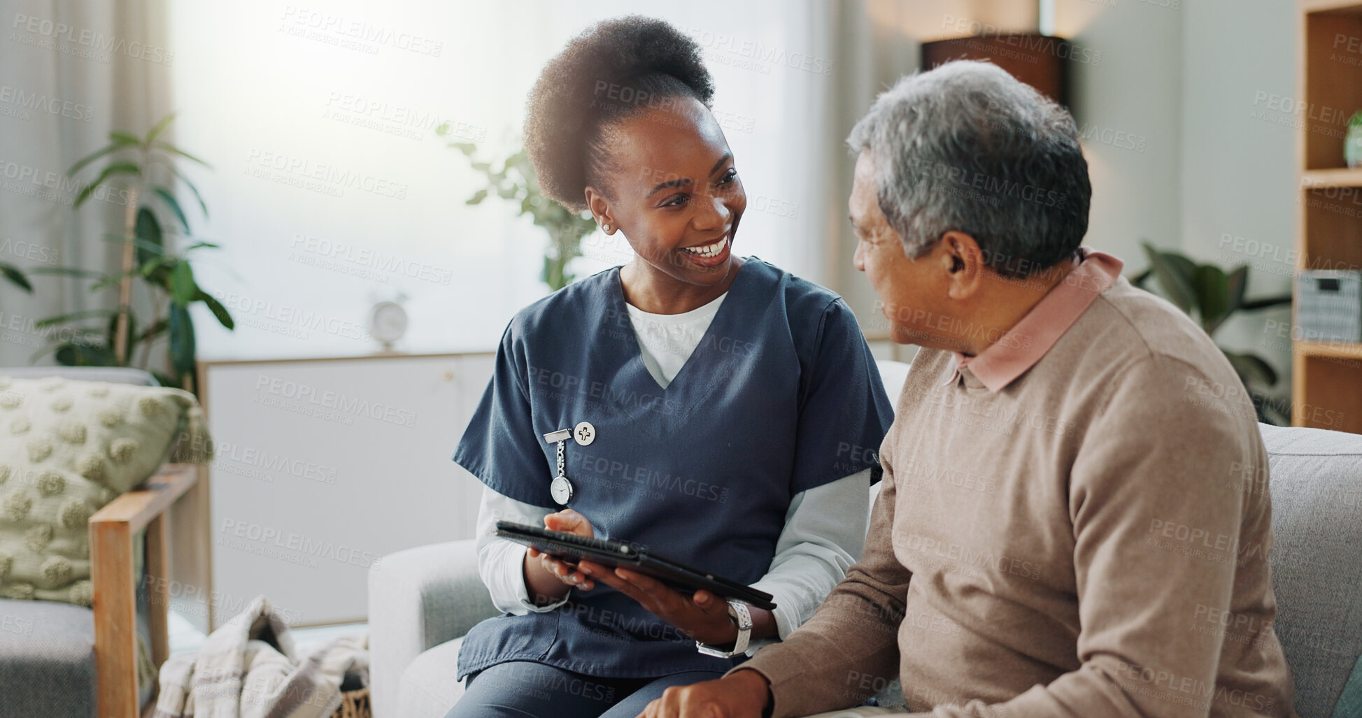 Buy stock photo Tablet, healthcare and african nurse in home with senior man, internet and online help on sofa. Young caregiver, elderly person and technology for learning or telehealth and care in chronic illness