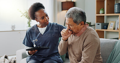 Senior, man and caregiver with tablet for consultation with coughing, chest pain and pneumonia symptoms. Elderly patient, nurse and discussion in nursing home, medical diagnosis or healthcare on sofa