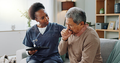 Buy stock photo Home, nurse and senior man with cough or tablet in consultation with support or help. Sick, patient or elderly caregiver with person in hospice with lung cancer, tuberculosis or breathing with asma