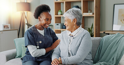 Happy face, nurse and elderly patient in nursing home for healthcare and volunteer with charity on sofa. African caregiver, portrait and embrace a senior lady with trust and medical support on couch