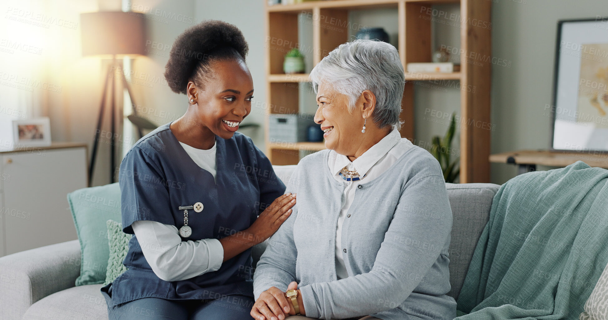 Buy stock photo Happy face, nurse and elderly patient in nursing home for healthcare and volunteer with charity on sofa. Clinic caregiver, portrait and embrace a senior lady with trust and medical support on couch