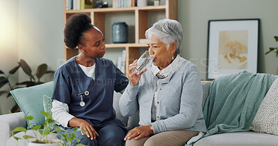 Senior, woman and coughing with nurse for healthcare consultation with water, support or discussion. Elderly patient, caregiver or sick with lung cancer, breathing problem or homecare in nursing home