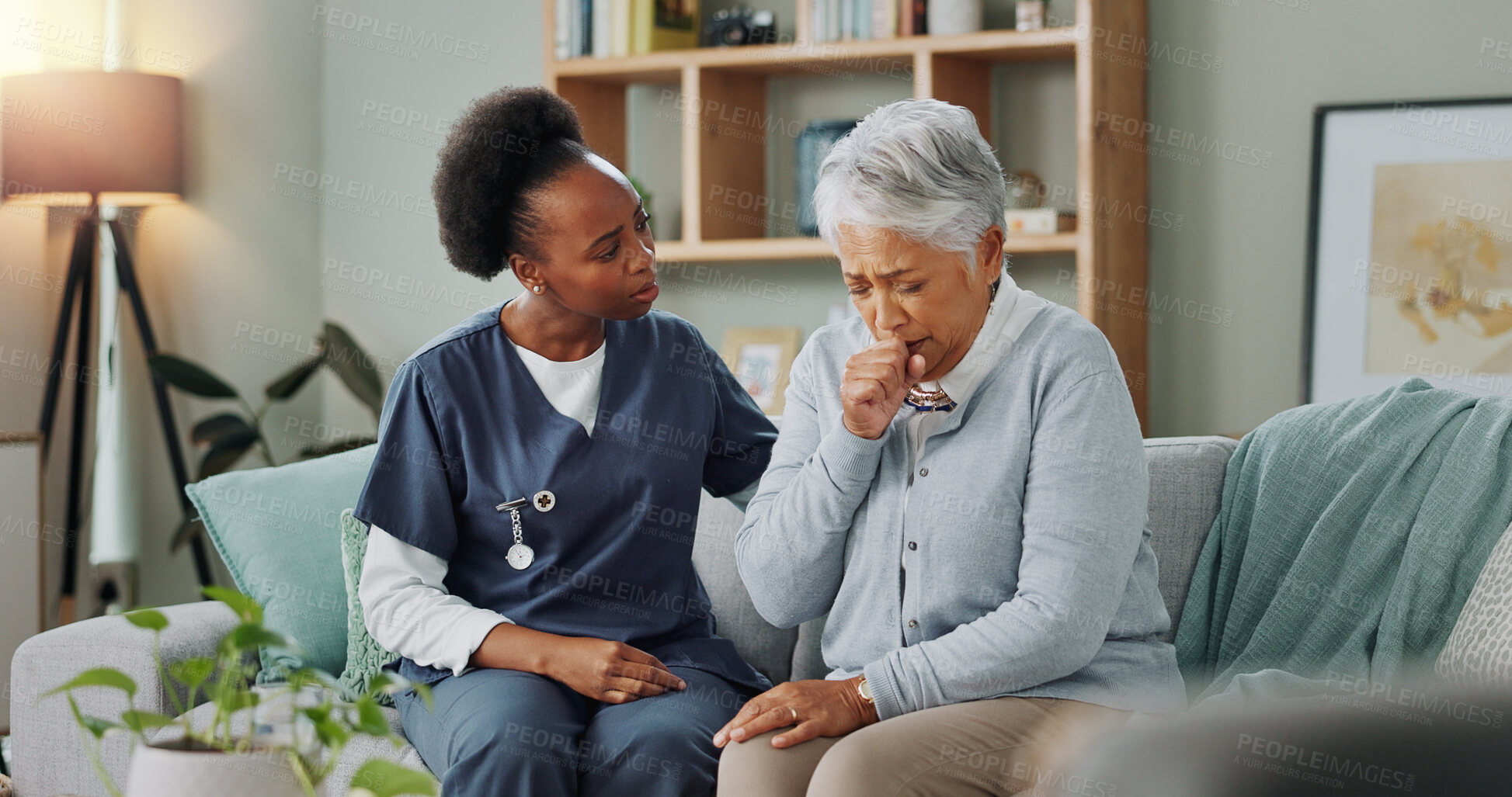 Buy stock photo Home, nurse and senior woman with cough or healthcare consultation, support or help. Sick, patient or elderly caregiver nursing person in hospice with lung cancer, tuberculosis or breathing with asma